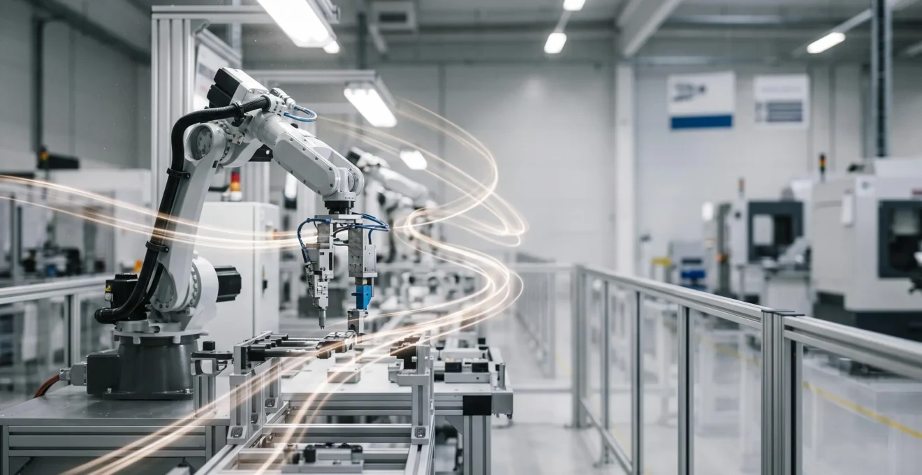 Bras robotisé industriel en mouvement contrôlé sur une ligne de production, symbolisant l'équilibre entre vitesse et précision
