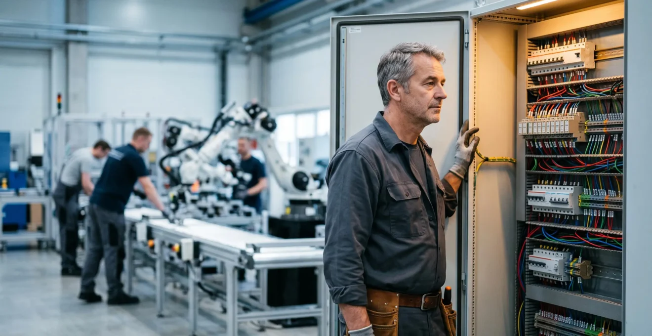 Technicien de maintenance industrielle ajustant les paramètres d'un automate programmable sur une ligne de production modulaire