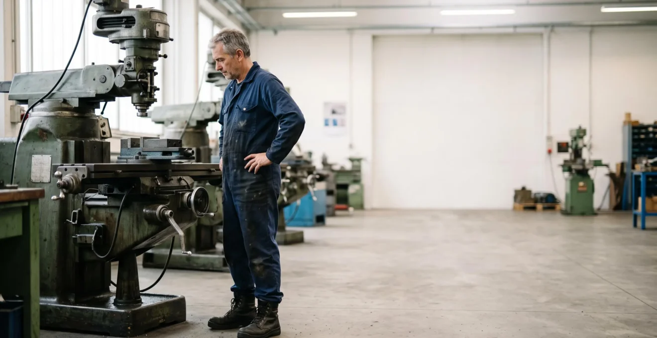 Technicien inspectant pensivement une machine-outil vieillissante dans un atelier industriel baigné de lumière naturelle, symbole de l'anticipation de l'obsolescence