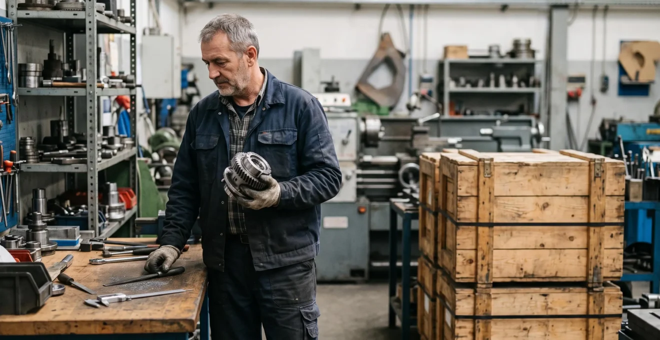 Technicien de maintenance évaluant une pièce mécanique face à un choix entre fabrication interne et approvisionnement externe dans un atelier industriel
