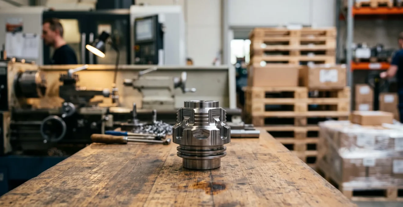 Piece mecanique de precision posee entre un etabli d'atelier et une caisse d'expedition, symbolisant le choix entre fabrication interne et sous-traitance