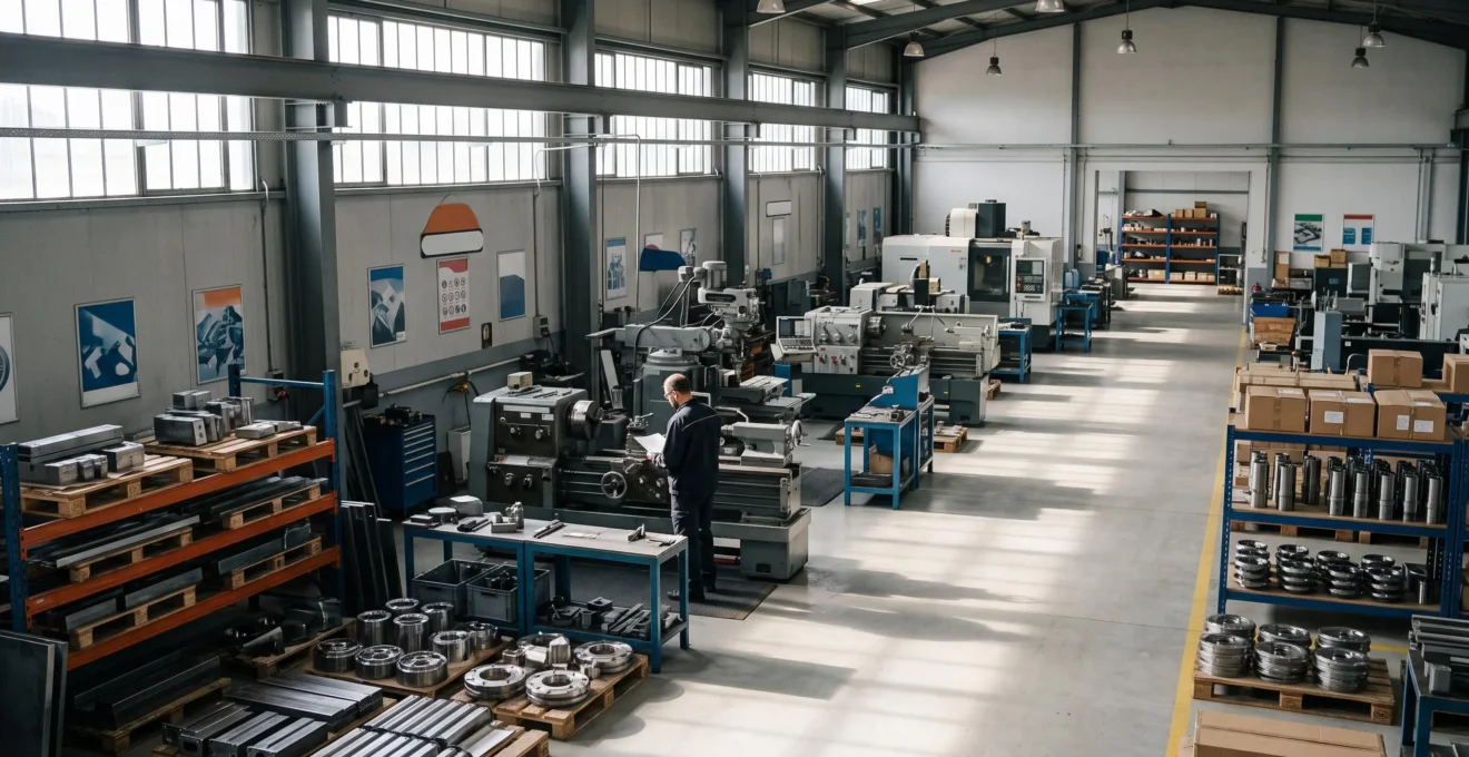 Vue d'ensemble d'un atelier de production industriel organisé pour un flux de matière fluide et optimal