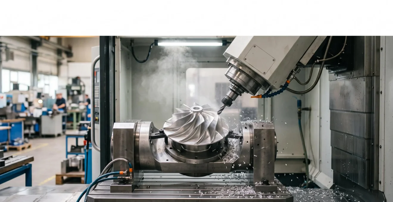 Centre d'usinage CNC 5 axes fraisant une pièce métallique aux formes complexes en une seule prise, sans repositionnement