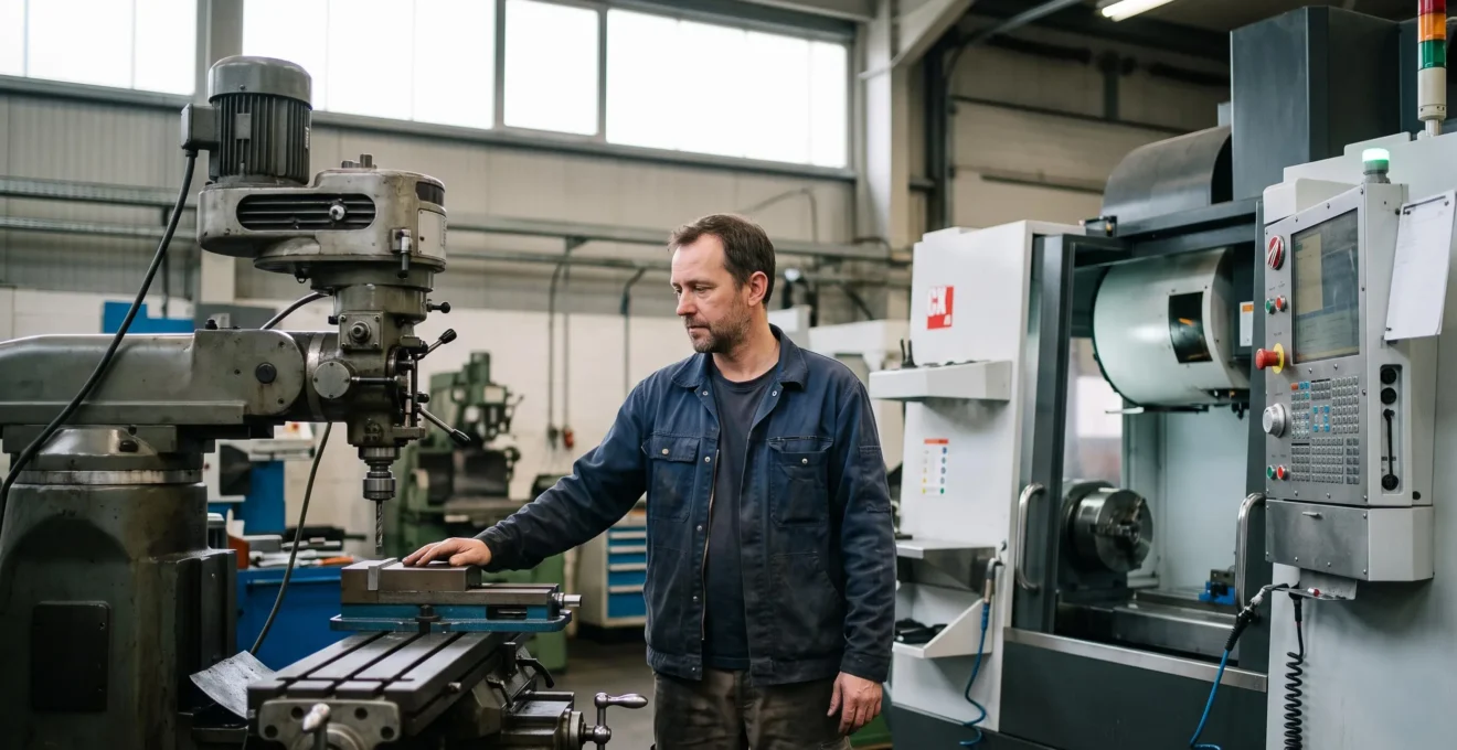 Technicien comparant une fraiseuse conventionnelle et un centre d'usinage CNC moderne dans un atelier industriel
