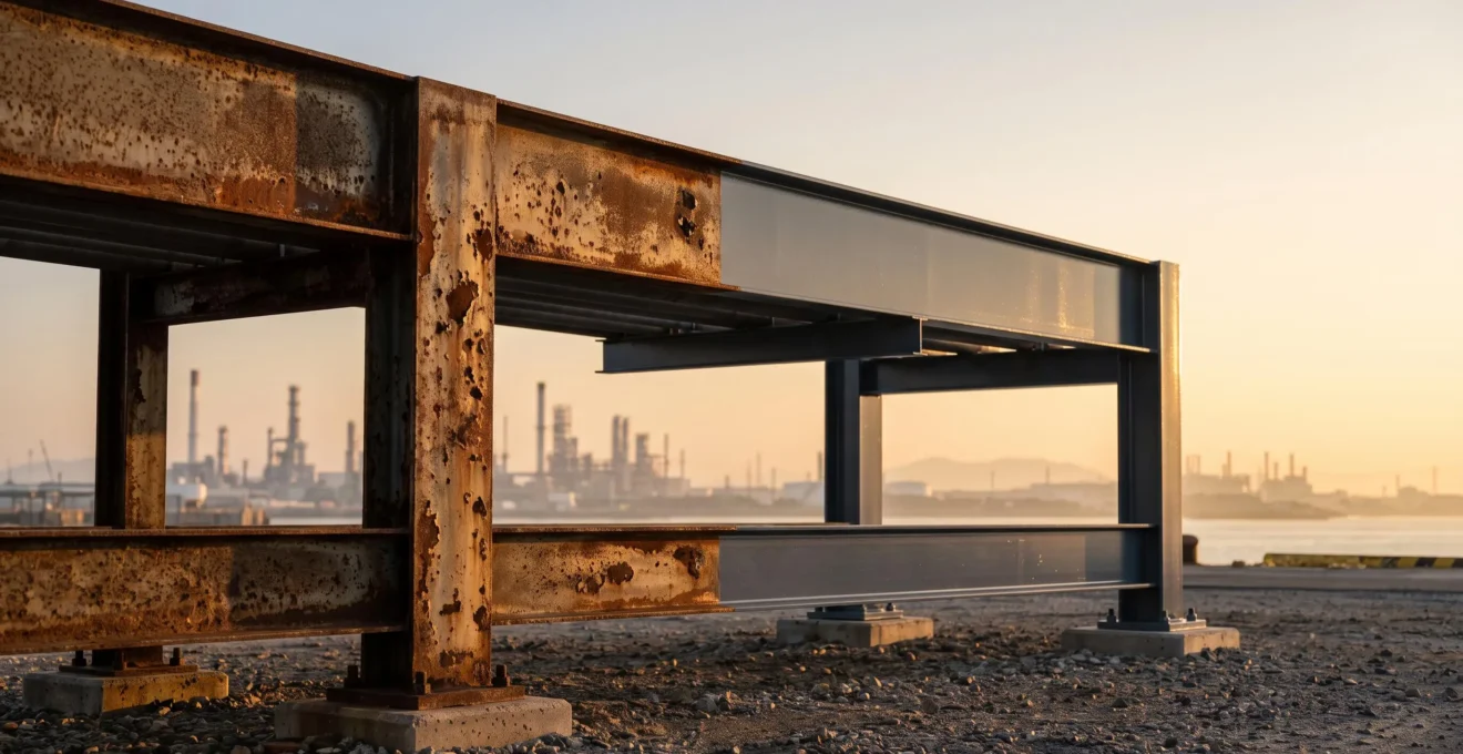 Structure métallique industrielle partiellement rouillée et partiellement protégée par un revêtement de peinture, illustrant le choix selon l'exposition