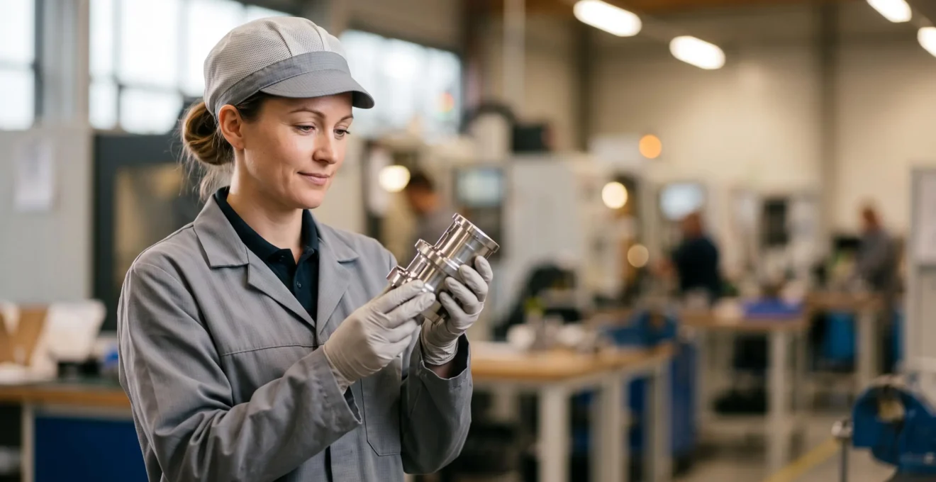 Technicien qualité inspectant attentivement une pièce mécanique de précision sur une ligne de production industrielle