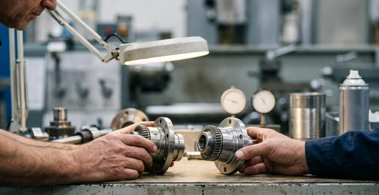 Ingenieur examinant un prototype mecanique dans un atelier industriel avant la decision de lancement en serie