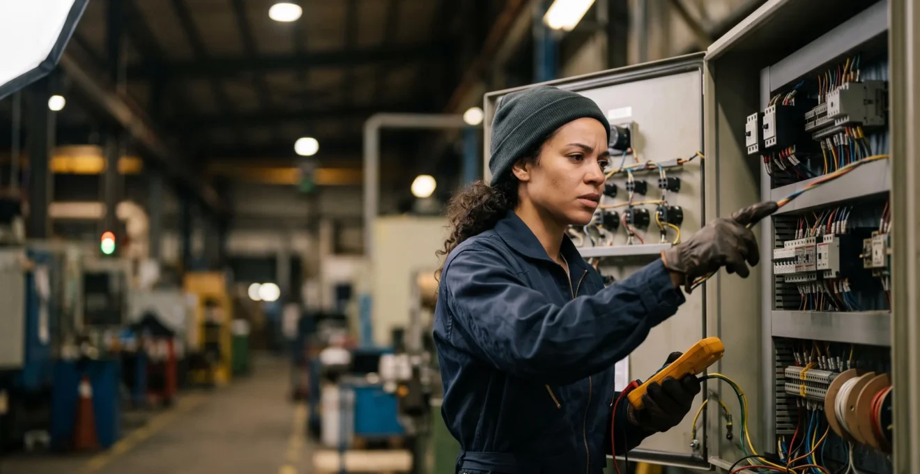 Technicien de maintenance industrielle examinant attentivement une armoire électrique pour localiser une défaillance