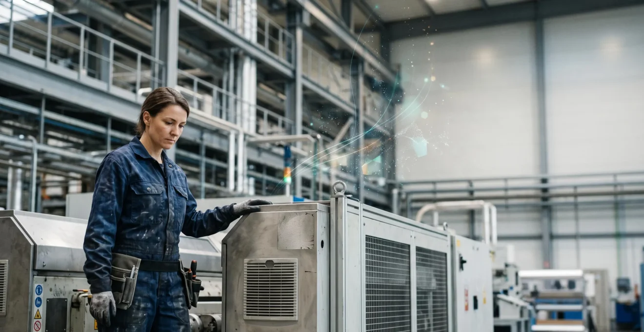 Technicien de maintenance analysant les flux de donnees d'une ligne de production industrielle pour anticiper une panne