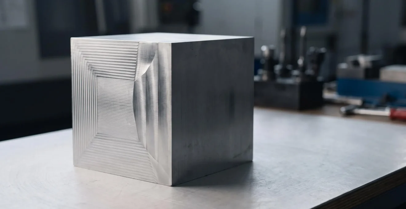Contraste symbolique entre un modele 3D numerique et un bloc de metal brut avant usinage, illustrant la verification de conception
