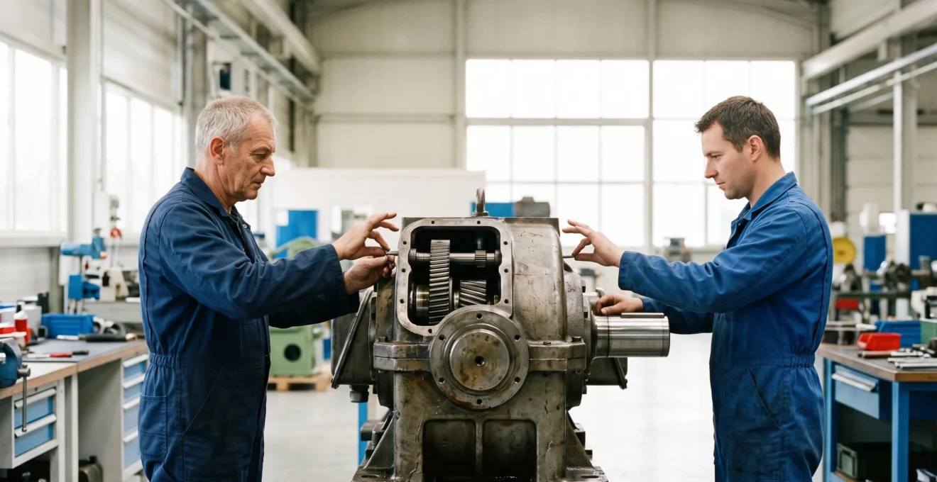 Deux techniciens de maintenance industrielle, l'un experimente et l'un junior, travaillant ensemble avec la meme precision sur une machine