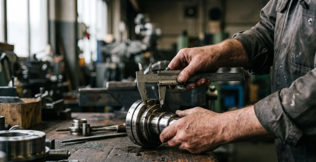 Un technicien mesure avec precision une piece mecanique, symbole de l'auto-evaluation objective des competences face aux standards du marche