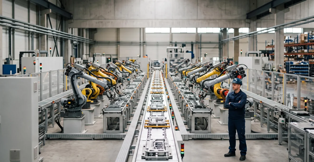 Vue large d'une ligne de production automatisée dans une usine moderne, symbolisant la fiabilité et la continuité de fonctionnement