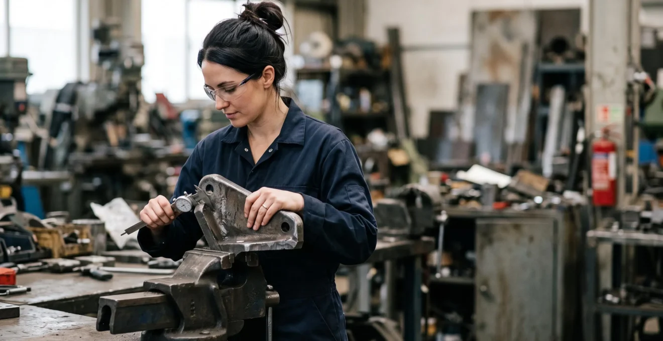 Ingénieur en maintenance industrielle vérifiant la résistance mécanique d'une pièce métallique dans un atelier
