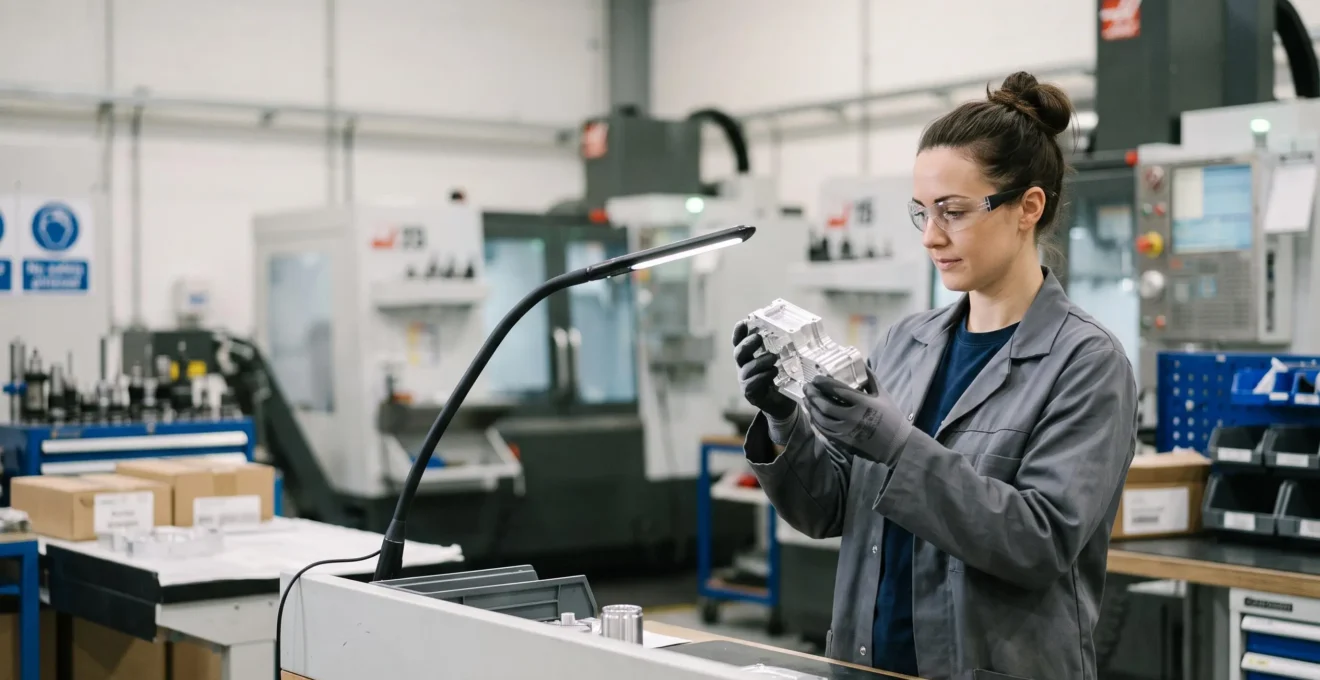 Technicien qualité inspectant une pièce mécanique de précision en fin de ligne de production en série