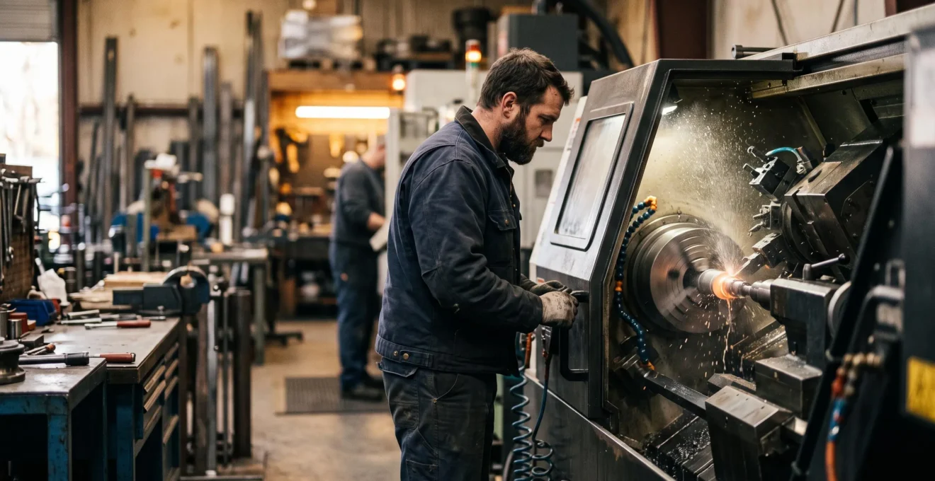 Operateur ajustant les parametres d'un tour CNC dans un atelier industriel moderne pour reduire le temps de cycle