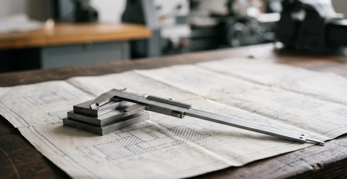 Instrument de precision pose sur un plan technique flou en arriere-plan, symbolisant la rigueur de la cotation industrielle