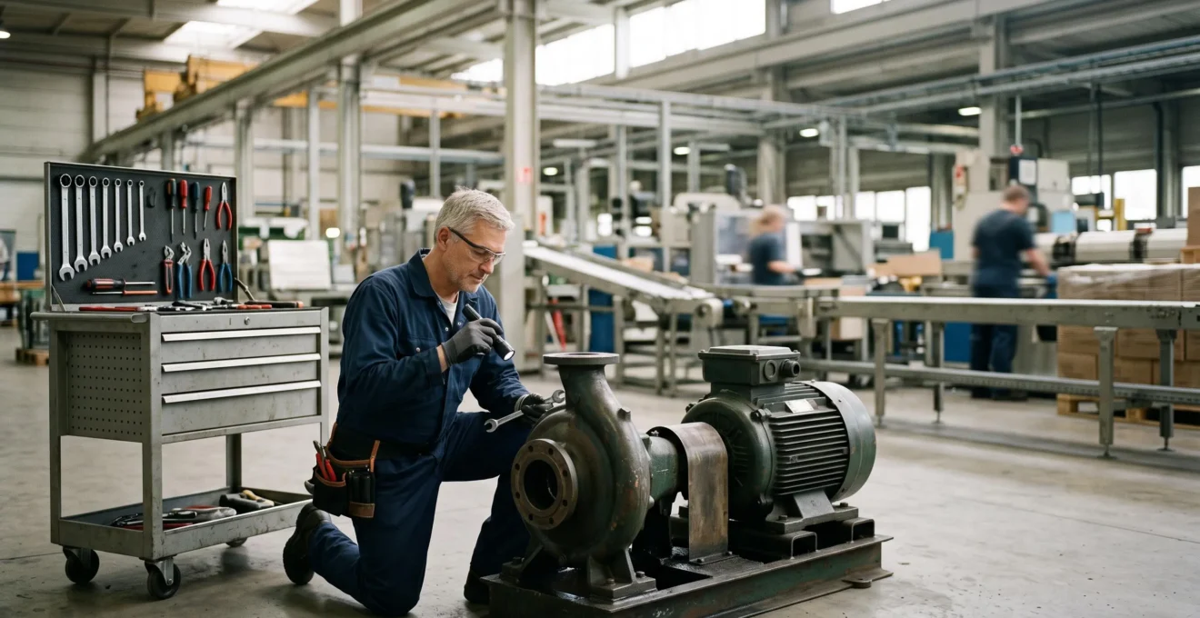 Technicien de maintenance industrielle inspectant calmement un equipement lors d'un arret planifie, avec la ligne de production en arriere-plan