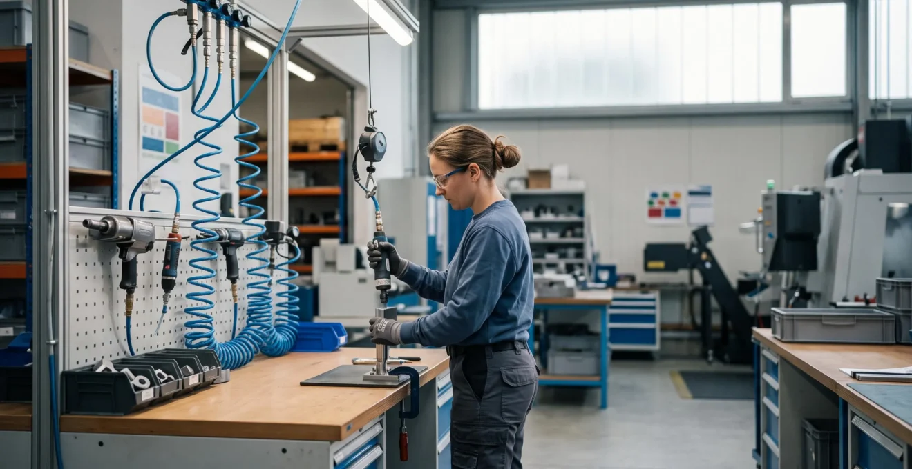 Poste de travail industriel equipe d'outils pneumatiques organises pour reduire la penibilite
