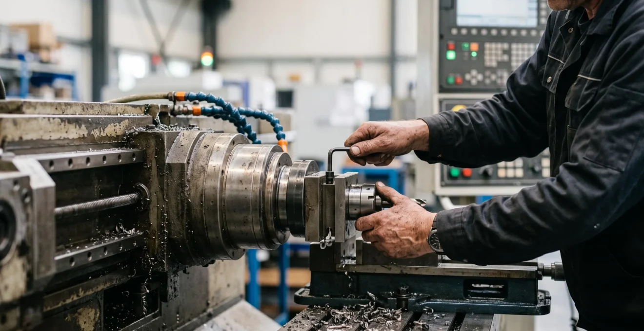 Opérateur qualifié réglant avec précision une machine-outil à commande numérique dans un atelier de mécanique industrielle