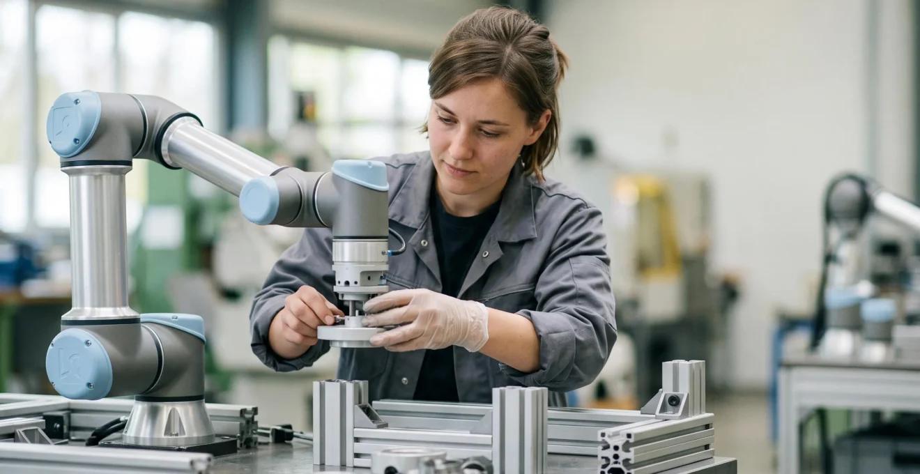 Mains d'un operateur ajustant avec precision un embout de vissage sur un bras robotique en ligne de production
