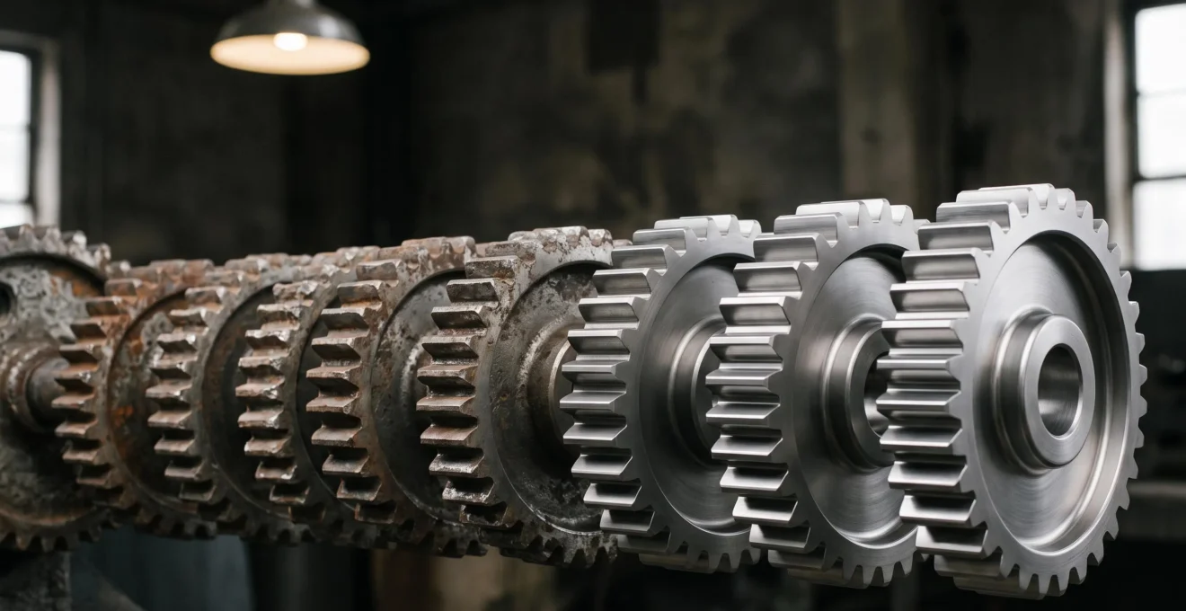 Vue symbolique d'un mecanisme industriel ou des rouages uses se transforment progressivement en pieces neuves, illustrant la prediction des pannes grace a l'historique de maintenance