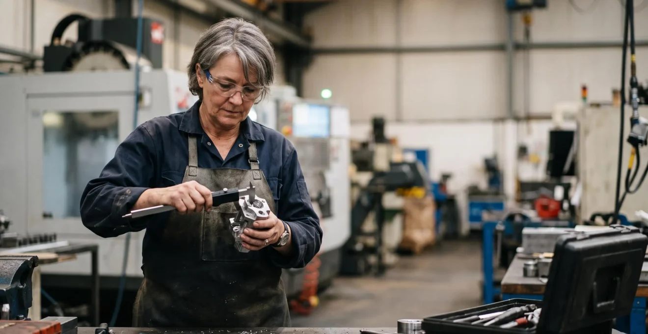 Ingénieur examinant attentivement une pièce mécanique de précision dans un atelier industriel avant de valider un partenariat avec un sous-traitant