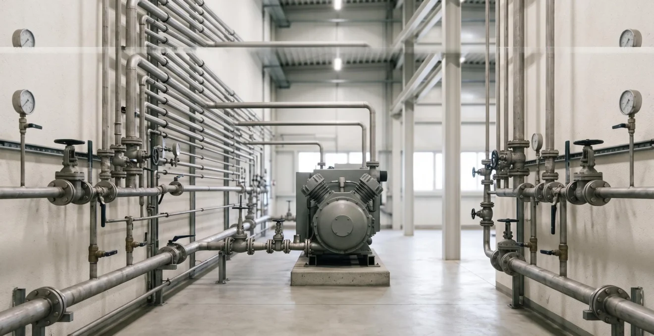 Vue large d'un reseau de tuyauterie d'air comprime dans une usine industrielle moderne, symbole de performance energetique