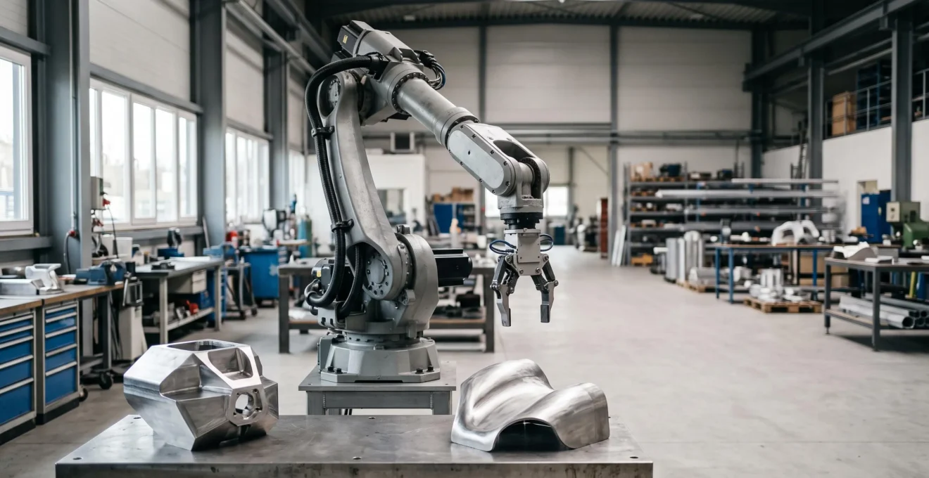 Bras robotique industriel positionné au centre d'un atelier de fabrication, entoure de pieces metalliques de formes variees suggerant une adaptabilite produit