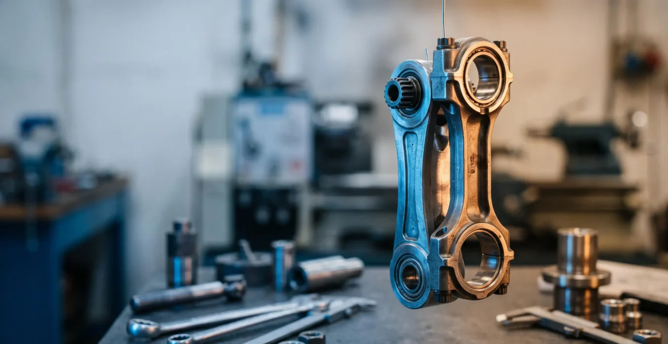 Pièce mécanique métallique suspendue dans un atelier industriel, éclairée pour évoquer la frontière entre conception virtuelle et prototype réel