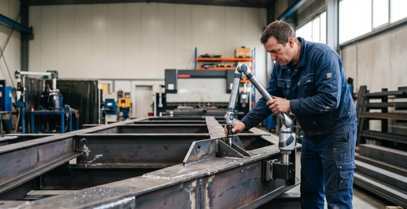 Technicien contrôlant la conformité dimensionnelle d'un châssis en acier fraîchement soudé dans un atelier de maintenance industrielle
