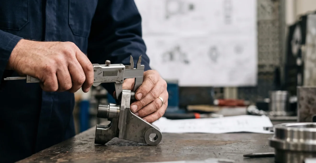 Ingenieur mecanicien verifiant au pied a coulisse la conformite dimensionnelle d'une piece usinee, symbole d'une specification technique sans ambiguite