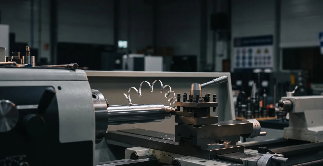 Copeau métallique brillant en spirale s'échappant d'une pièce en cours de tournage de précision, illustrant l'obtention d'un état de surface optimal