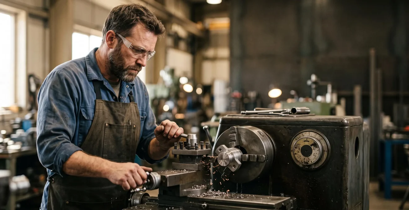 Machiniste concentré ajustant une pièce métallique unique sur un tour de précision dans un atelier industriel