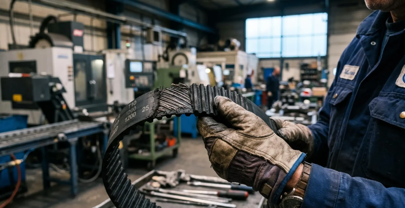 Un technicien inspecte une courroie dentée renforcée dans un atelier industriel.