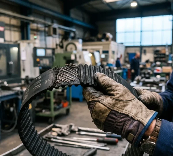 Un technicien inspecte une courroie dentée renforcée dans un atelier industriel.